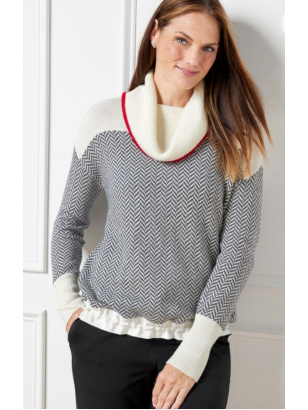 T by Talbots Bungee Hem Cowl-Neck Sweater Herringbone Wool Blend XS